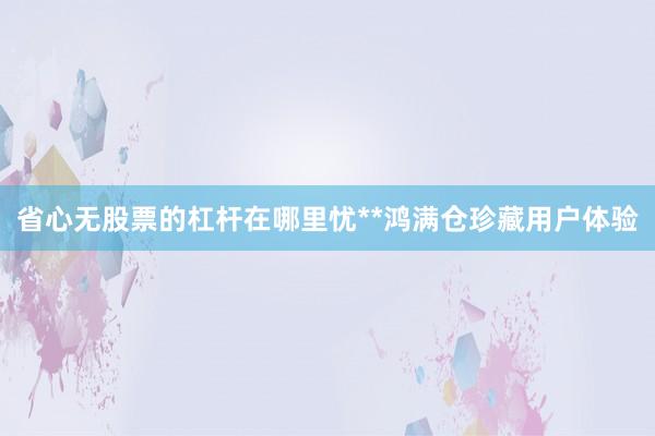 省心无股票的杠杆在哪里忧**鸿满仓珍藏用户体验